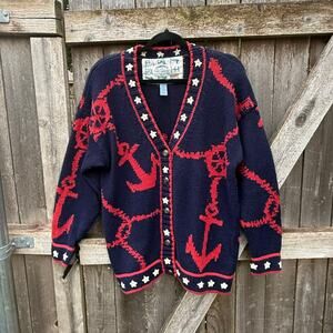 VTG blue V-neck Cardigan SWEATER red USA navy anchor CAMBRIDGE Dry Goods Small